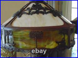 Amazing antique SLAG GLASS TABLE LAMP scenic withornate goth base 25 1/2 tall