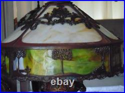 Amazing antique SLAG GLASS TABLE LAMP scenic withornate goth base 25 1/2 tall