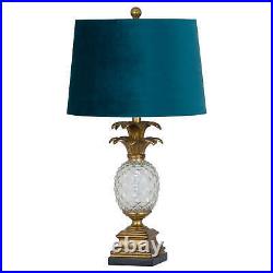 Ananas Glass Table Lamp Pineapple antique gold base and large teal blue shade