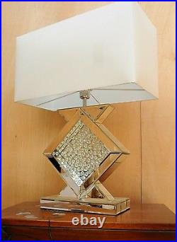 Ancona Large Modern Mirrored Glass Table Lamp Floating Crystals 69cm White Shade