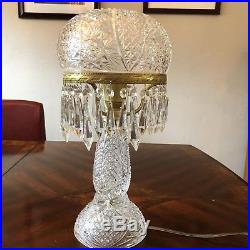 Antique 17 Cut Glass Crystal Mushroom Shade Lamp With Prisms