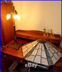 Antique 1900's 3 light Miller Large Table Lamp withCraftsman Stained Glass Shade