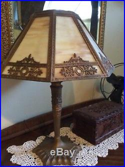 Antique (1915) Table Lamp with Carmel Slag Glass and Ornate Filagree Shade
