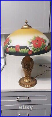 Antique 1920's Red Floral Reverse Painted Lamp