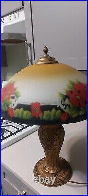 Antique 1920's Red Floral Reverse Painted Lamp