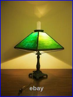 Antique 1920s Gas to Electric Table Lamp with Green Stained Slag Glass shade