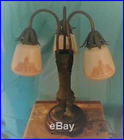 Antique 3 arm Art Deco Table Lamp- Tiffany arts crafts art glass shade era