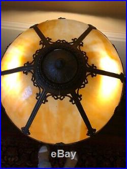 Antique 6 Panel Bent Slag Glass Table Lamp S. A. L. Co Signed