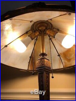 Antique 6 Panel Bent Slag Glass Table Lamp S. A. L. Co Signed