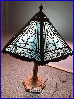 Antique 6 Panel Blue Slag Stained Glass Table Lamp C 1910 Bradley Hubbard Era