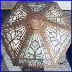 Antique 6 Panel Blue Slag Stained Glass Table Lamp C 1910 Bradley Hubbard Era