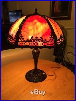 Antique 6 Panel Slag Glass Table Lamp