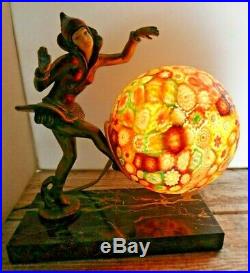 Antique ART DECO Table Lamp PIXIE with Colorful Millifiore Round Glass Globe SHADE