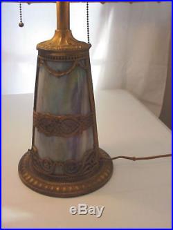Antique ART NOUVEAU Blue Slag Glass TABLE LAMP with 20 inch Shade & Lighted Base