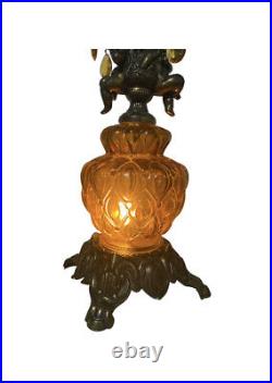 Antique Amber Glass and Brass Cherub 3-way light table lamp