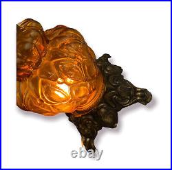Antique Amber Glass and Brass Cherub 3-way light table lamp