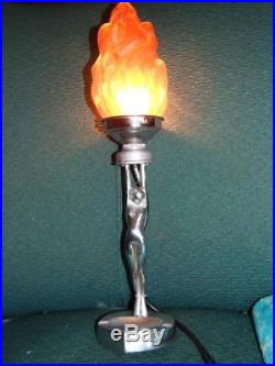 Antique Art Deco Chrome Nude Lady Diana Lamp w Flame Glass Shade 30's