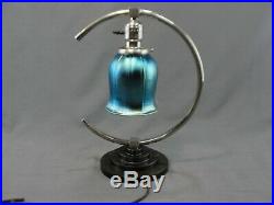 Antique Art Deco Era Chrome Table Lamp Blue Aurene Glass Shade Rewired