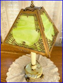 Antique Art Deco Jadeite Table Lamp w Slag Glass Shade-Original