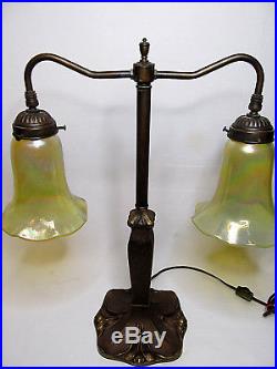Antique Art Deco/Nouveau Bronze Table Desk Student Library Lamp Glass Stained