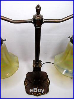 Antique Art Deco/Nouveau Bronze Table Desk Student Library Lamp Glass Stained