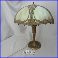 Antique Art Nouveau Bent Curved Green Slag Glass Shade Table Lamp with 6 Panels