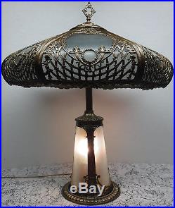 Antique Art Nouveau Bent Ribbed Glass Table Lamp B&H Handel Era Bottom Lights
