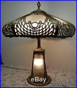 Antique Art Nouveau Bent Ribbed Glass Table Lamp B&H Handel Era Bottom Lights