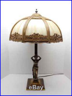 Antique Art Nouveau Filigree Caramel Slag Glass Table Lamp With Greek Goddess Base