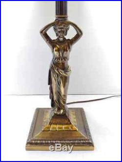 Antique Art Nouveau Filigree Caramel Slag Glass Table Lamp With Greek Goddess Base