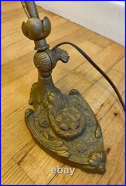 Antique Art Nouveau Floral Iron Table Lamp with Aurene Glass Shade