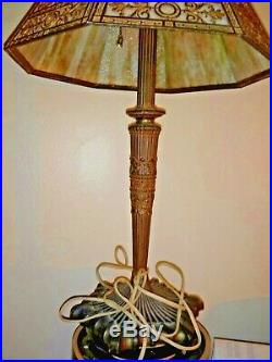 Antique Art Nouveau Miller Bent Slag Glass Cream Caramel 8 Panels Table Lamp
