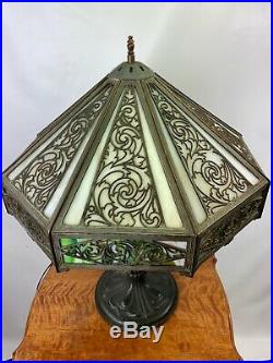 Antique Art Nouveau Ornate 8 Panel Slag Glass Table Lamp