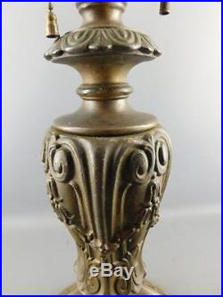 Antique Art Nouveau Ornate Bronzed Metal 8 Panel Slag Glass Shade Table Lamp