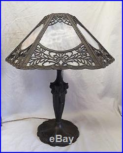 Antique Art Nouveau SLAG GLASS 6 Panel Electric TABLE LAMP -WORKS