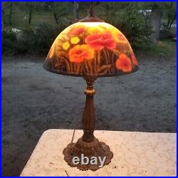 Antique Art Nouveau Solid Brass Lamp With Vintage Glass Shade As Is