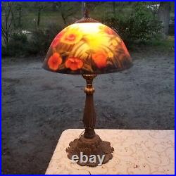 Antique Art Nouveau Solid Brass Lamp With Vintage Glass Shade As Is