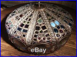 Antique Arts & Crafts Faceted Jeweled Art Glass Copper Lamp Shade Table Hanging