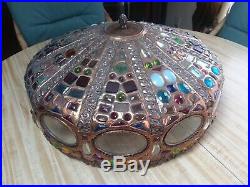 Antique Arts & Crafts Faceted Jeweled Art Glass Copper Lamp Shade Table Hanging