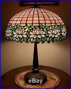 Antique Arts & Crafts Handel Leaded Slag Stained Glass Water Lily Table Lamp