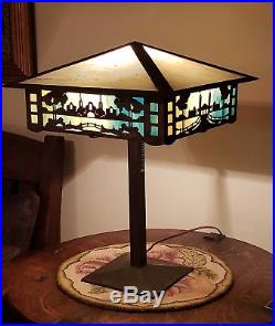 Antique Arts & Crafts Leaded Slag Stained Glass Table Lamp Stickley Limbert