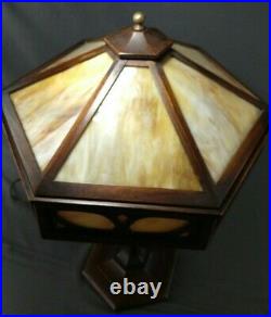 Antique Arts & Crafts Mission Era 6 Panel Caramel Slag Glass Oak Table Lamp