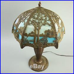 Antique Arts and Crafts Scenic Framed Slag Glass Table Lamp