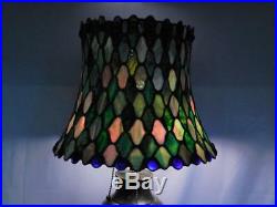 Antique Asian Champleve Bronze Table Lamp & Leaded Stained Glass Shade with Jewels