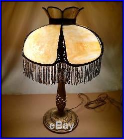 Antique Beaded Fringe Caramel Bent Slag Glass Shade Table Lamp 21 Tall As Found