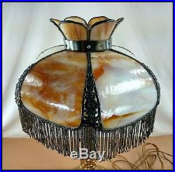 Antique Beaded Fringe Caramel Bent Slag Glass Shade Table Lamp 21 Tall As Found