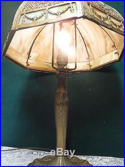 Antique Bent 8 Panel 2 Tone Slag Glass Table Lamp Bradley Hubbard Handel Era