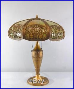 Antique Bent Eight Panel Slag Glass Table Lamp Leaf Vine Motif 18 Shade