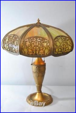 Antique Bent Eight Panel Slag Glass Table Lamp Leaf Vine Motif 18 Shade