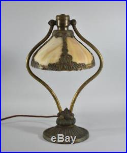 Antique Bent Slag Glass Petite Table Lamp Single Socket Painted Floral Details